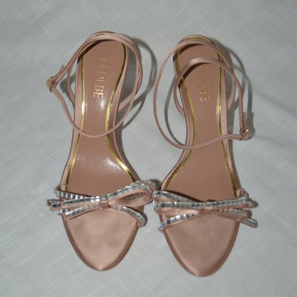 Sz 37.5  Gedebe Cecile Satin Nude Rhinestone Bow Detail 3.5" Strappy Heels - Picture 1 of 8